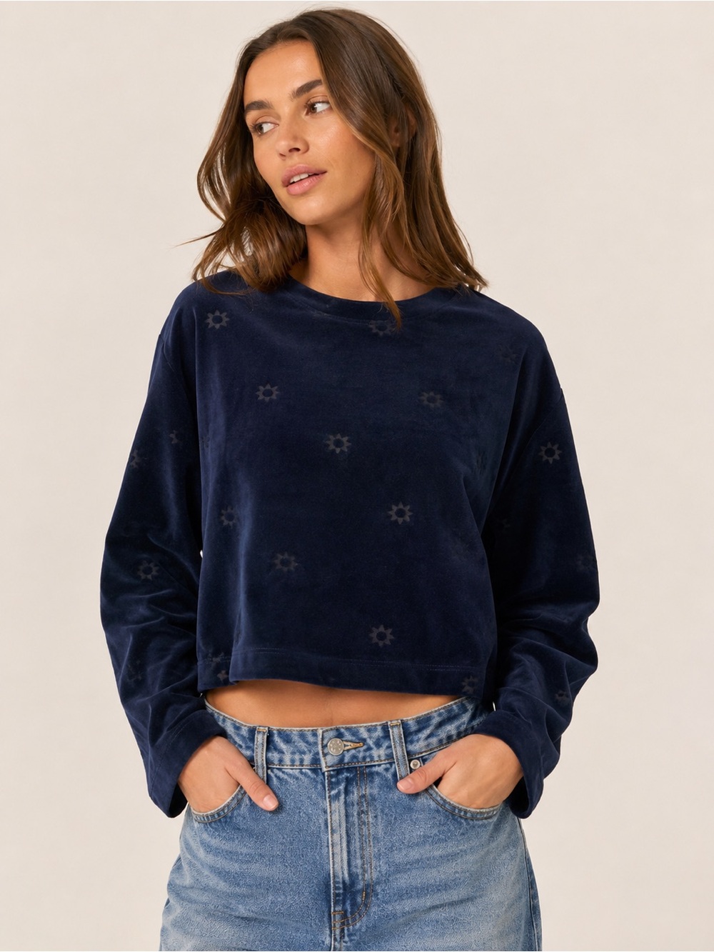 Something Navy Velour Cropped Sweatshirt Small Navy